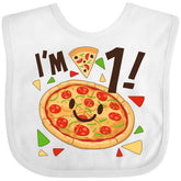 Inktastic I'm 1 Pizza Birthday Bib worn by a child, easy clean after a lively party.