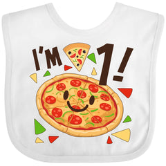 Inktastic I'm 1 Pizza Birthday Bib worn by a child, easy clean after a lively party.