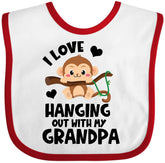 inktastic Monkey I Love Hanging Out with My Grandpa bib in white and red, soft and comfy during meals.