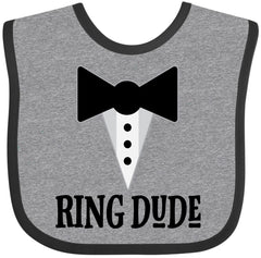 Inktastic Ring Dude bib with tuxedo bowtie on Heather Black keeps little ring bearer clean.