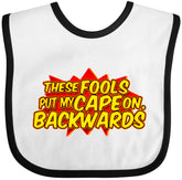 inktastic cape-backwards red baby bib front view showing soft cotton for comfy meals.