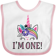 Inktastic unicorn bib for baby's first birthday featuring a cute unicorn and 'I'm One' slogan.