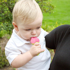 Innobaby Teethin apple teether held in small hands for easy gripping.