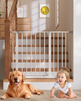InnoTruth baby gate in white across stairs for safe entry control