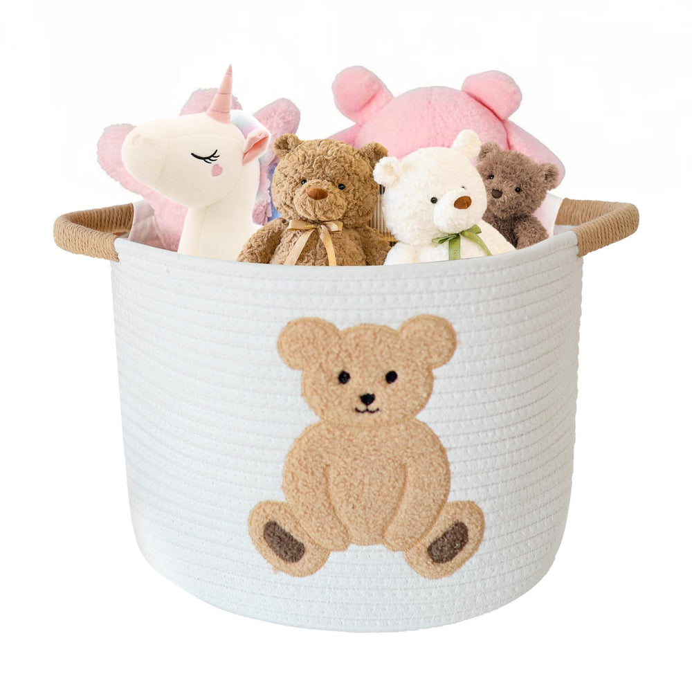 INough cotton rope basket front view stores toys neatly in a kid's room
