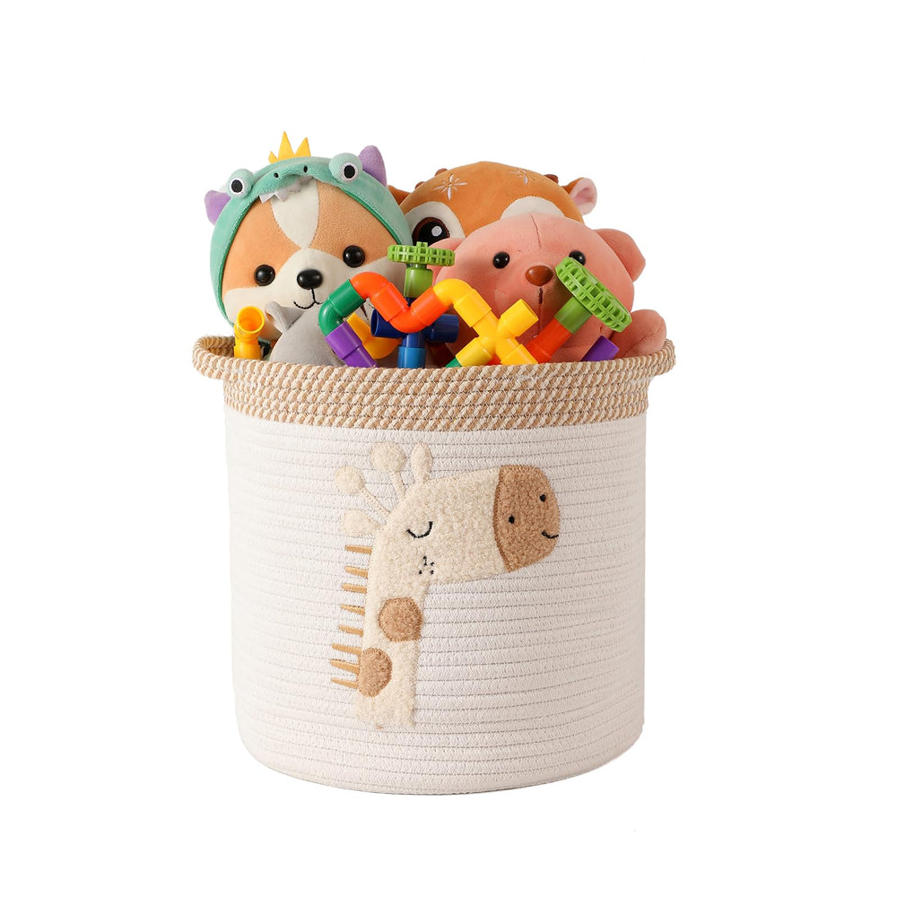INough toy basket with giraffe embroidery keeps toys organized and safe.