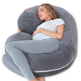 INSEN pregnancy pillow in grey velvet cover provides cozy C-shaped support for full-body comfort