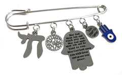 InspiJ Jewish Baby Boy Safety Pin with blue Hamsa for protection on the go