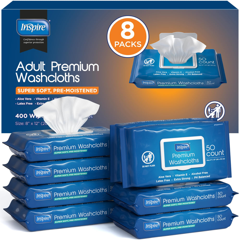 Inspire adult wipes 8x12 dispensing pack for convenient cleansing.