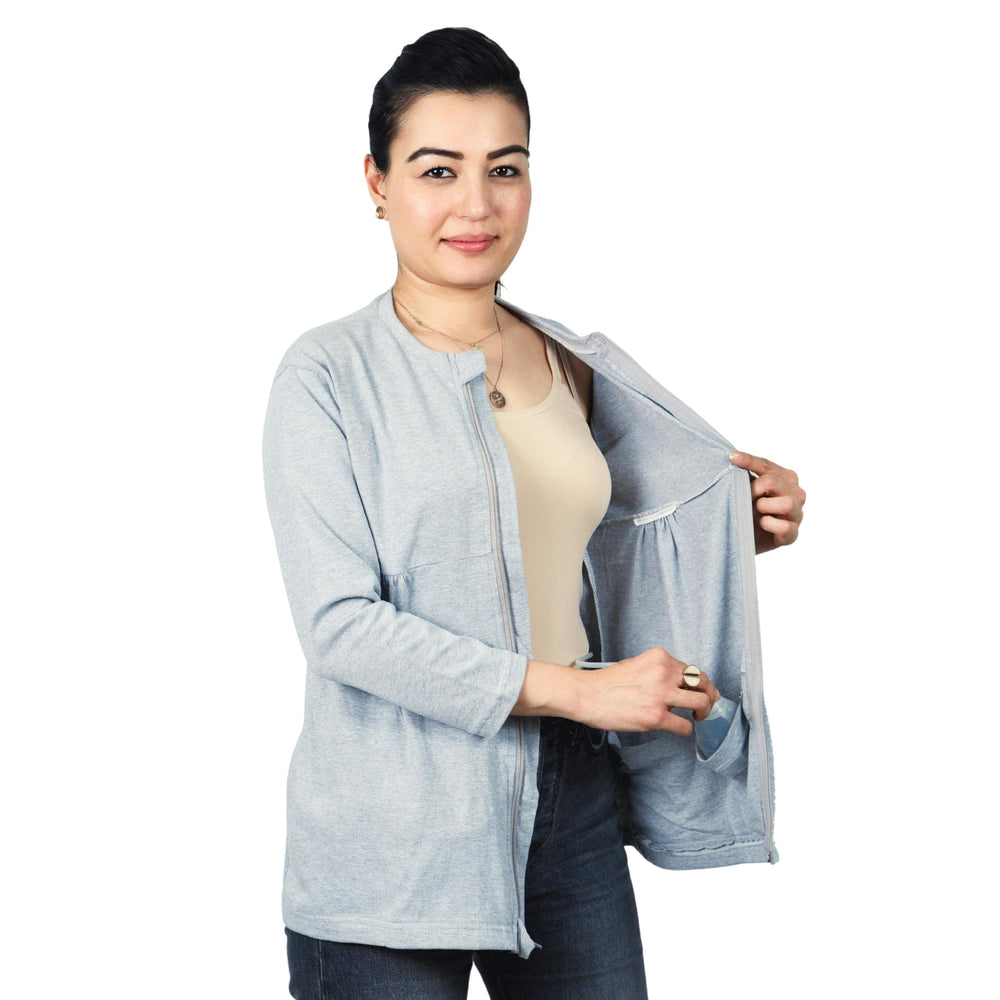 Inspired Comforts mastectomy recovery shirt with drain pockets and zip access for discreet management