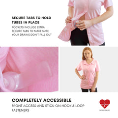 Inspired Comforts post-op top pocket detail shows drain pockets for discreet management