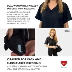 Inspired Comforts mastectomy top with drain tube straps to prevent tangling.
