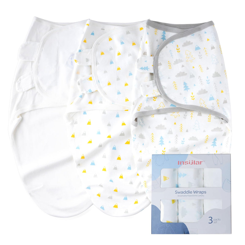 Insular forest swaddle sacks in soft cotton for newborn comfort and adjustable fit.