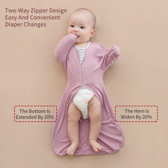 Insular swaddle showcasing 2-way zipper for easy diaper changes.