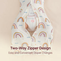 Insular swaddle's widened hem provides room for hips and legs to move freely.