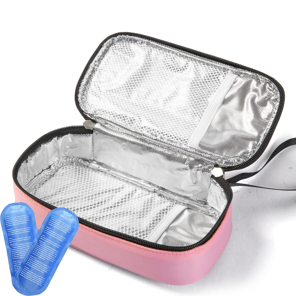 Insulated Breastmilk Cooler Bag pink, front view, portable for daycare.