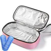 Insulated Breastmilk Cooler Bag pink, front view, portable for daycare.