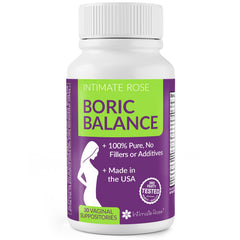 Intimate Rose boric acid suppositories packaging featuring a 30-count bottle for fresh confidence.