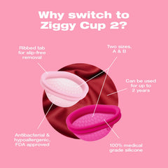 Ribbed tab on INTIMINA Ziggy Cup 2 aids slip-free removal.