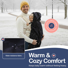 Intimom winter carrier cover in back-facing configuration provides cozy wind protection