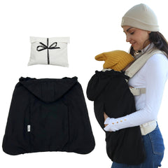Intimom winter baby carrier cover in front-facing setup keeps baby warm during strolls