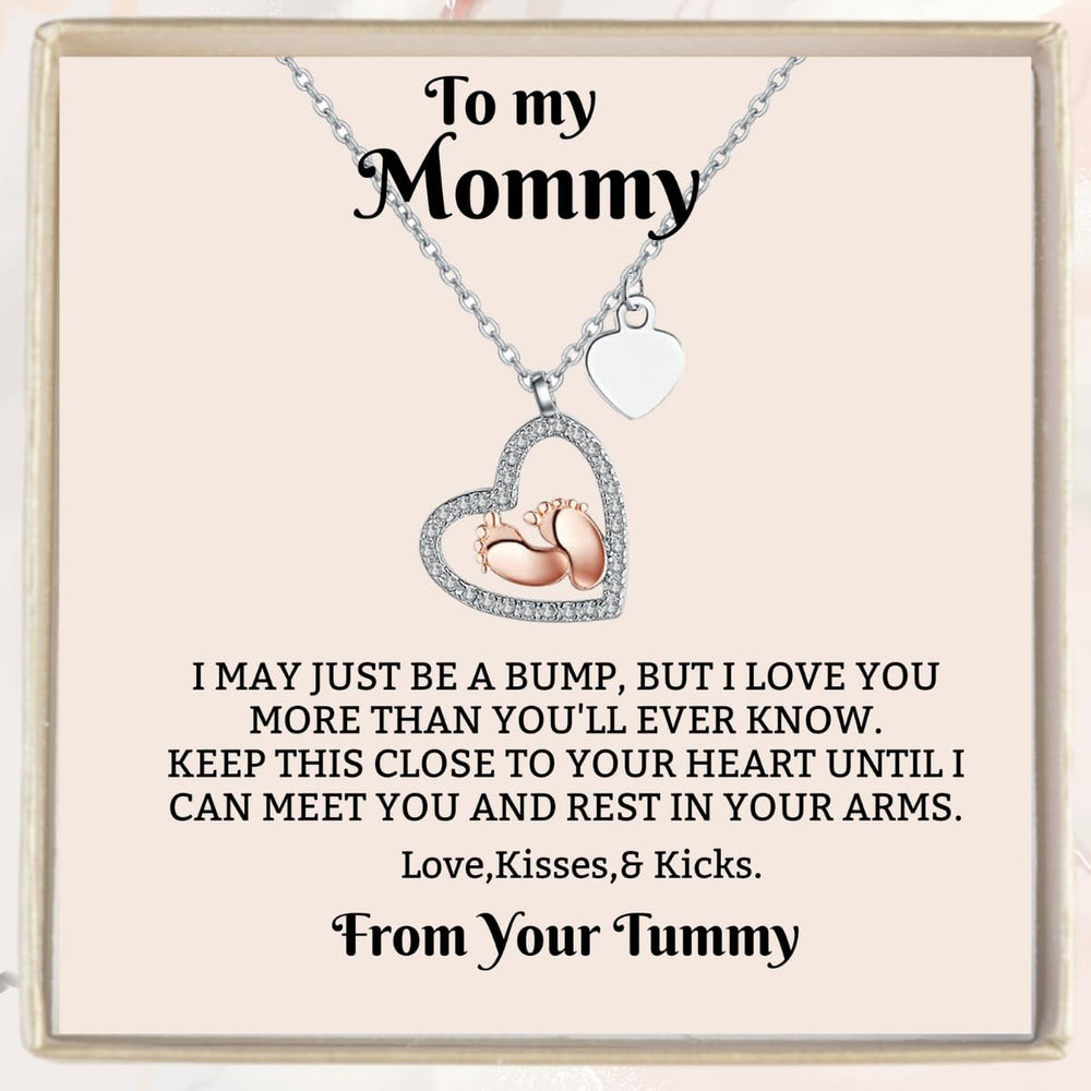IPINK baby feet heart necklace in gift box, ready for gifting to a new mom