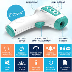 iProvèn no-contact thermometer in use with child, safe distant temperature checks