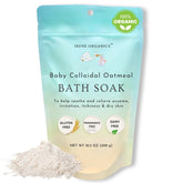 Irene Organics Oatmeal Bath Powder bottle in bath promotes gentle cleansing for sensitive baby skin.