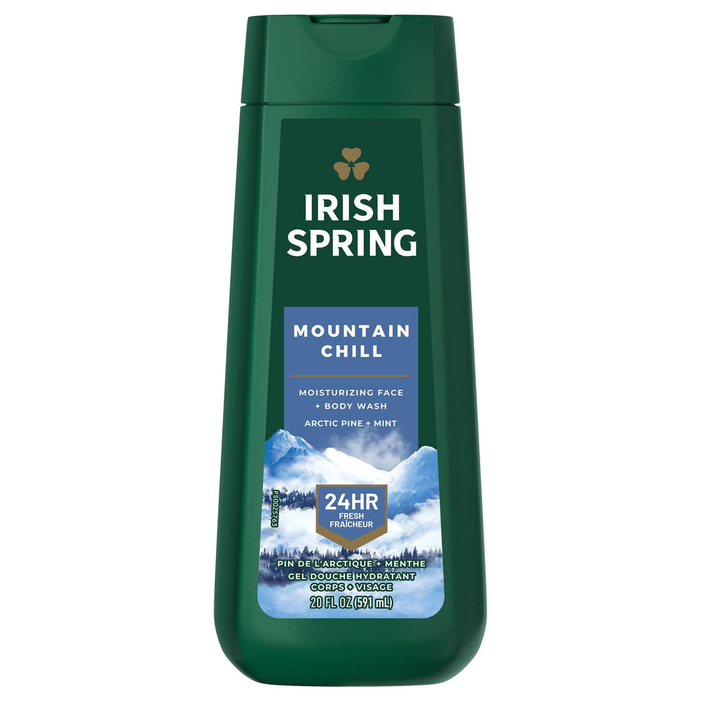 Irish Spring Mountain Chill Body Wash bottle on shower shelf for a refreshing wake-up.
