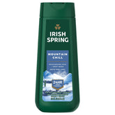 Irish Spring Mountain Chill Body Wash bottle on shower shelf for a refreshing wake-up.