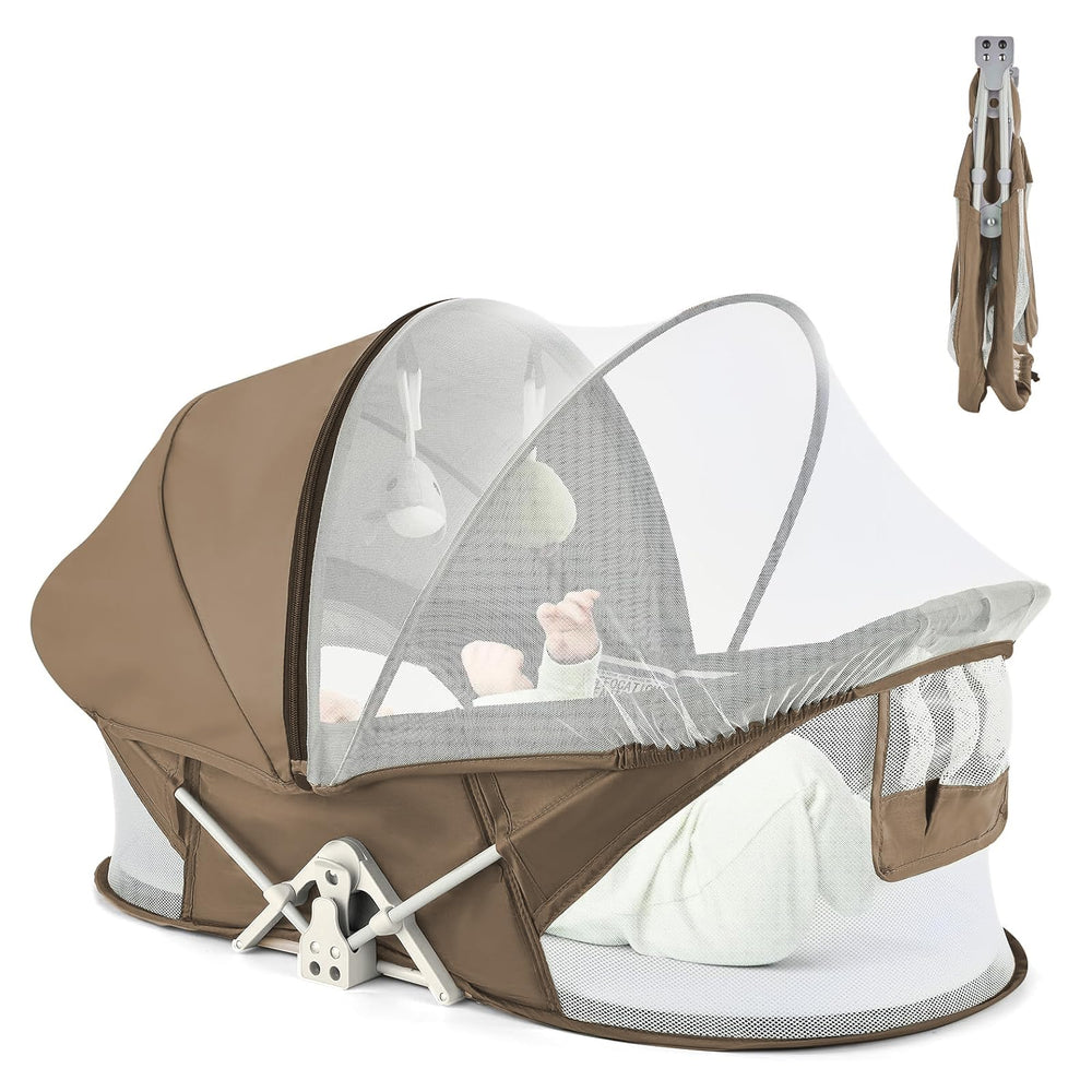 ISELECTOR portable baby bassinet folded for easy travel and compact storage.