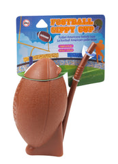 Football sippy cup showing attached straw to prevent loss during activities