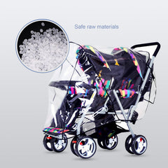 ITODA Tandem Twins rain cover, clear window reduces glare for easy monitoring.