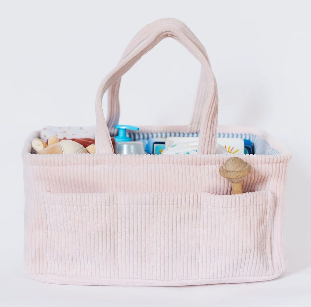 Itsy Bitsy Tot Diaper Caddy pink curdoroy showing organized nursery essentials