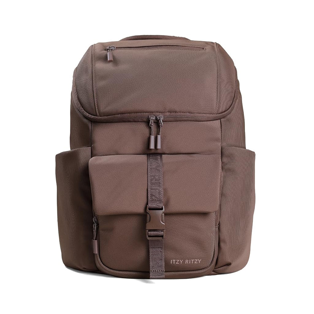 Itzy Ritzy Belong Bucket Backpack Mocha front view with organized pockets for quick access