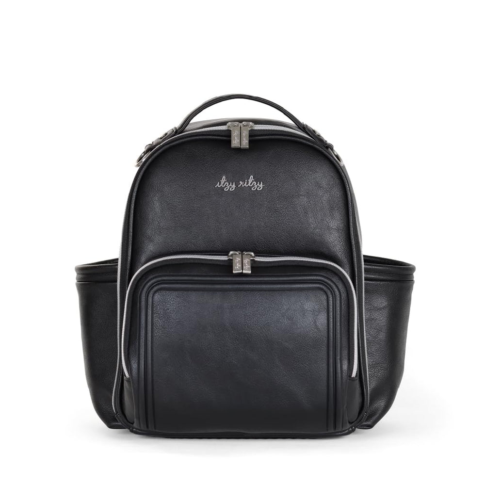 Itzy Ritzy mini plus diaper bag backpack front view shows chic compact design for on-the-go parenting