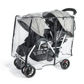 IvyWind double stroller rain cover front view keeps rain out while preserving visibility.