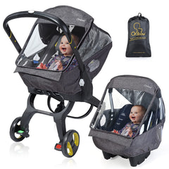 IvyWind universal rain cover front view protecting baby from elements while traveling