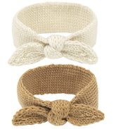 IZUS baby headband rabbit knot camel closeup showing soft knit texture and gentle fit.
