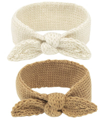 IZUS baby headband rabbit knot camel closeup showing soft knit texture and gentle fit.