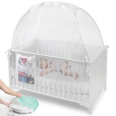 Izybu crib tent with breathable mesh for baby comfort.