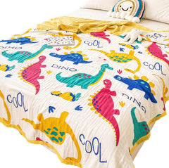 J-pinno Dinosaur Muslin Blanket with six layers for all-season warmth.