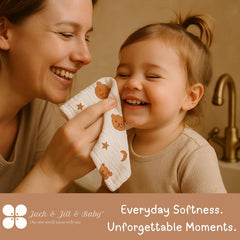 Jack & Jill & Baby washcloths used on a baby’s face for gentle cleansing.