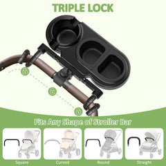 Large cup holder accommodates bottles and sippy cups securely