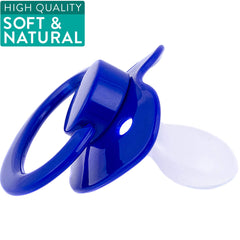 J&Or pastel blue heaven pacifier in hand demonstrates calming, natural-feel design.