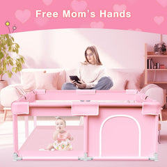 Jaobeem pink baby playpen 360 degree mesh provides clear visibility and security.