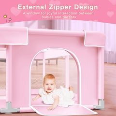 Jaobeem pink baby playpen suitable for indoor and outdoor use during family time.