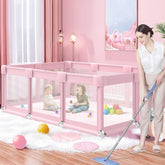 Jaobeem pink large playpen front view shows roomy space for safe play