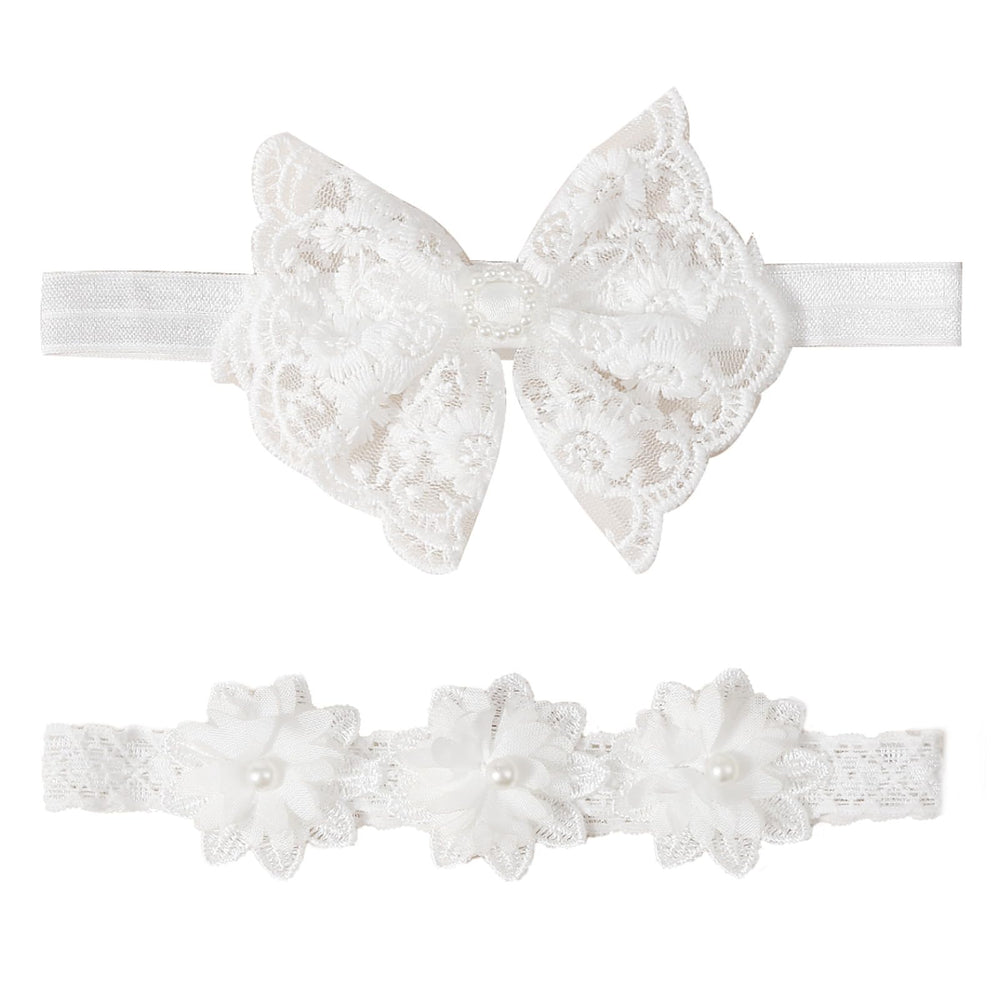 Jawfait baby headband with white flowers, gentle stretch for all-day comfort at christenings.