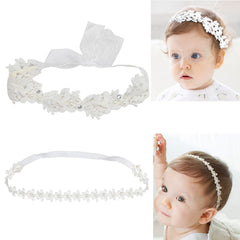 Jawfait Elegant White Flower Headband closeup with lace and pearls for gentle wear